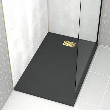 Pack Piatto doccia Nero Effetto Pietra 90x140 cm e Griglia motivo Lineare Oro Spazzolato