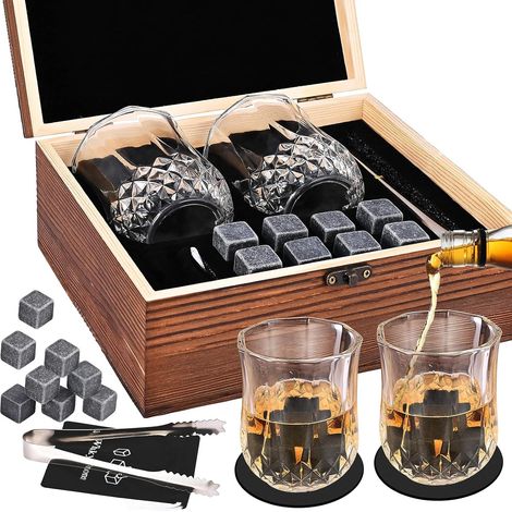 Set de regalo de piedras para whisky, vasos para whisky y ron con 2 vasos y 8 piedras de granito para whisky, set de regalo para hombres, regalo de San Valentín para hombres, regalo para papá y esposo (1/5)