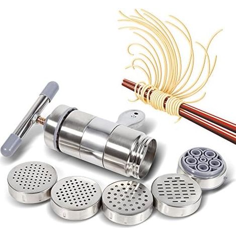 Manual Pasta Machine Stainless Steel 5 Shapes, Noodle Press with 5 Interchangeable Tips, Roller and Knife for Spaghetti, Fettuccine, Lasagne (1/5)