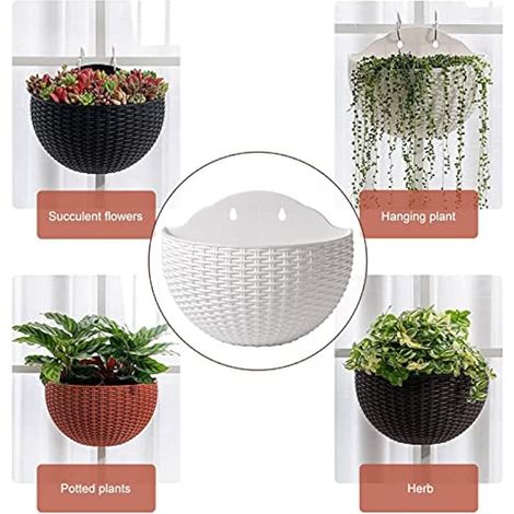 Pot de fleurs mural à suspendre – Pot de fleurs mural demi-rond Pot de fleurs en rotin de style européen semi-rond, support de plante auto-arrosant pour balcon, clôture, intérieur et extérieur (1/5)