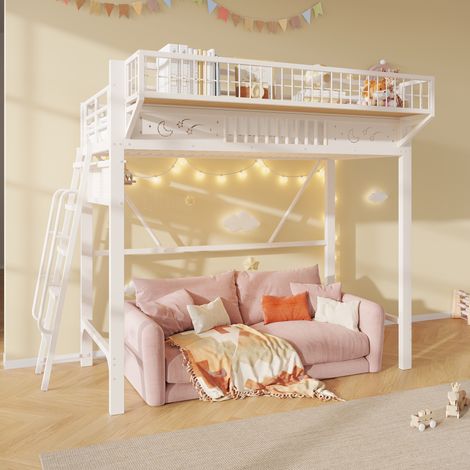 Lit mezzanine enfant 90x200 cm en métal, rangements latéraux, espace ouvert sous le lit, escalier modulable, garde-corps, motif étoiles et lune, blanc (1/5)