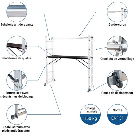 Echafaudage roulant SCAFFOLDAX2X6, échafaudage jardin et pliant multifonction 4 en 1, echelle 2 plans, H max Travail 4,46m, Garantie 5 ans, Hostrom