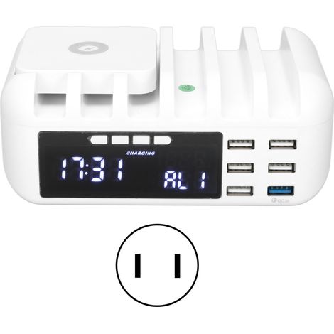 Multifunktionales 5-Port-Tischladegerät mit Digitaluhr, USB- und kabelloser Schnellladefunktion, 110–240 V US-Stecker (1/5)
