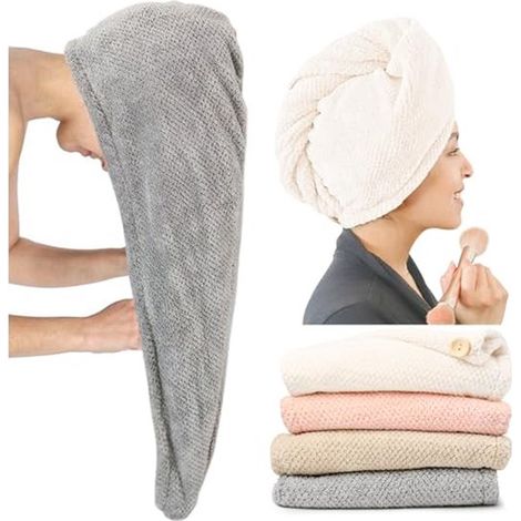 Extra großes Set aus 4 Mikrofaserhandtüchern für Damen, super saugfähig und schnelltrocknend, mit Knöpfen, für lockiges, langes und kurzes Haar A (1/4)