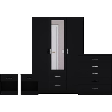 Riano 4 Piece Bedroom Set (1 Drw Bedside Chest, 5 Drw Chest, 3 Dr 2 Drw Mirrored Wardrobe), Black (1/3)