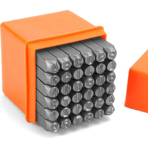 36 pezzi da 6 mm con lettere e numeri - Alfabeto dalla A alla Z, numeri da 0 a 8, simboli e - Perforatore per metallo, legno, plastica e pelle