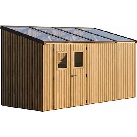 HABRITA Abri de jardin bois thermochauffé monopente 8,87 m² - bardage 19 mm - kit photovoltaïque 2 kWc (1/2)