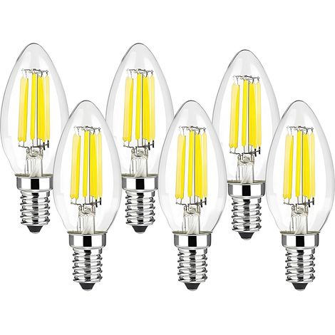 Ampoules LED E14 Blanc Froid 6500K, C35 6W Rétro Cierge Ampoule à Filament Équivalent 60W Ampoule Rétro à Incandescence, 600LM Lampe Vintage Classique, Verre Transparent, Lot de 6