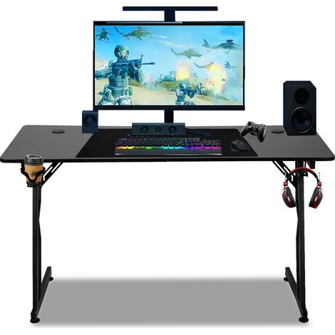 Jiubiaz Gaming Tisch Gamingtisch Schwarz Schreibtisch Kohlefaserplatte Gamer Computertisch Ergonomischer PC Tisch 120x60cm