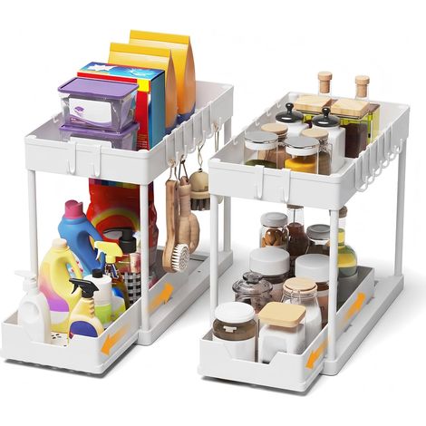 Lot de 2 Rangement sous Évier - Organisateur sous Evier Tiroir Coulissant à Extraction - Rangement Et Organisation De Cuisine (Blanc) (1/5)