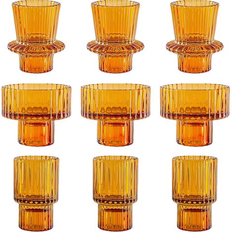 Kerzenständer-Set  Bernsteinfarben  Glas  Europäischer minimalistischer Stil  9-teilig  Für romantische Tischdekoration und Wohnaccessoires (1/3)