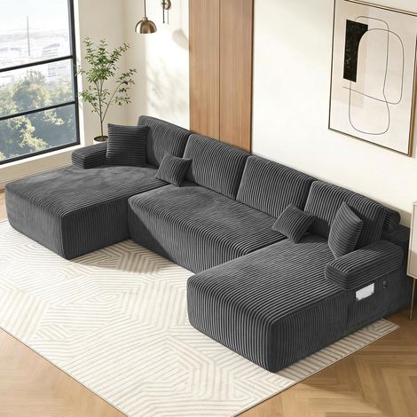 Modulares U-Sofa Cord mit tiefer Sitzfläche, Bodenliege, Grau (1/5)