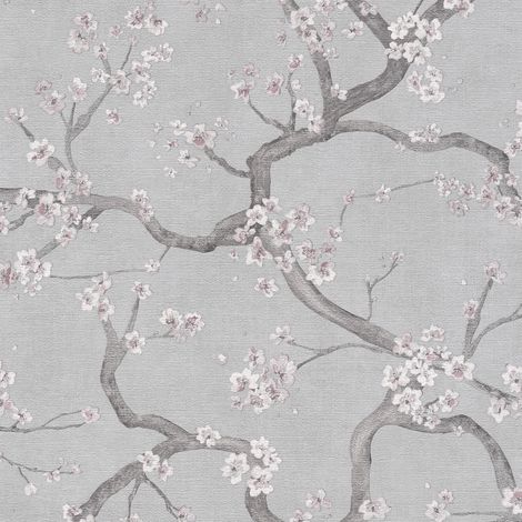 Carta da parati floreale Profhome 781993 Carta da parati TNT goffrata a caldo strutturata con ornamenti floreali ed accenti metallici grigio argento bianco violetto-pastello 5,33 m2