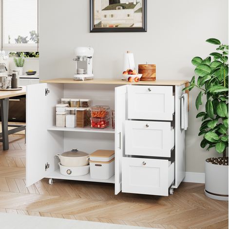 Carrito de cocina, 135x44x90 cm, material MDF, blanco, plegable, con 3 cajones y toallero (1/5)