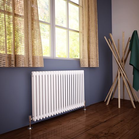ELEGANT 600 x 988 mm Traditional Radiator Cast Iron Style Horizontal Radiator White 2 Column Radiators + White Thermostatic Radiator Valves (1/5)