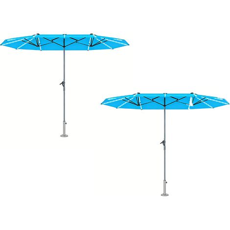 2er-Set doppelsonnenschirm mit Solar LED Lichtern 451x267 cm Aluminium UV 50+ Sonnenschirm mit Handkurbel, Balkonschirm windfest Marktschirm Sonnenschutz für Strand Balkon Garten, Blau