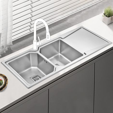 JASSFERRY Brilliant Inset Kitchen Sink 1.2 mm Thickness Stainless Steel 2 Bowls Right Hand Drainer Square Strainer Plug Waste Pipe Kit