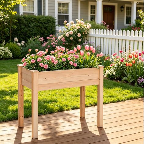 Fioriera rialzata in legno di abete 86 x 46 x 76 cm effetto legno naturale OKWISH (1/5)