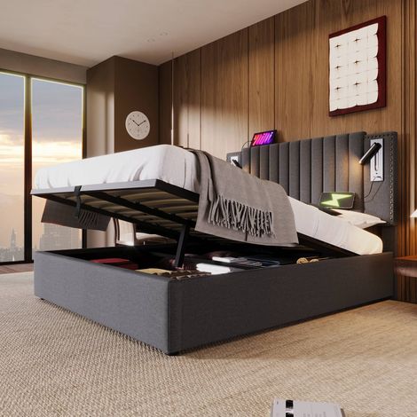 Lit double 180x200 cm gris avec rangements, tête de lit lumineuse et USB (1/5)