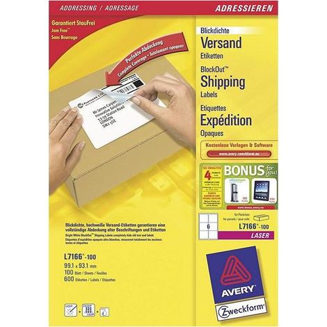 Etichette bianche per indirizzi AVERY Ultragrip™ 99,1x93,1 mm - 6 et/foglio - stampanti laser cf. 100 fogli L7166-100 (1/2)