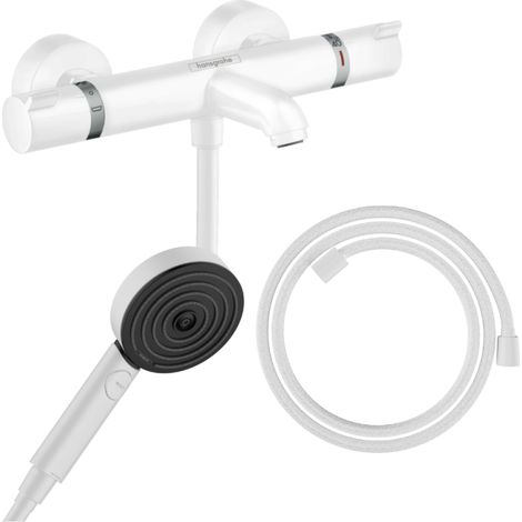 HANSGROHE Pack mezclador termostático para baño-ducha Ecostat Comfort + Designflex flexible + Rociador Pulsify Select 3jets Relaxation en blanco mate