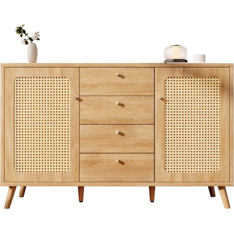 Buffet chêne clair 140 cm avec 4 tiroirs et 2 portes, meuble de rangement effet rotin avec étagères réglables pour salon et salle à manger (1/5)