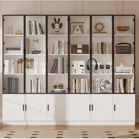 Vitrine haute blanche en MDF et verre avec LED, 12 portes, 240 x 32 x 200 cm (1/5)