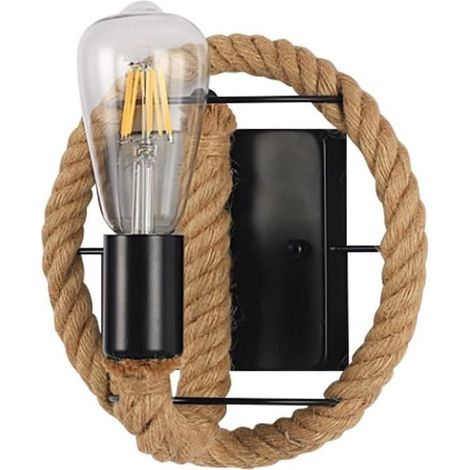 Applique murale style industriel Loft en fer et corde de chanvre, design vintage créatif pour restaurant bar couloir, douille E27, Ø20xH22cm (1/5)
