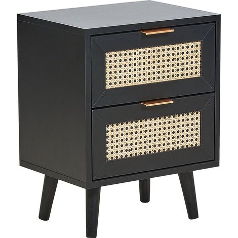 Comodino 2 cassetti in rattan MDF nero Gambe in legno di gomma Comodino in stile boho Camera da letto nera Opoco