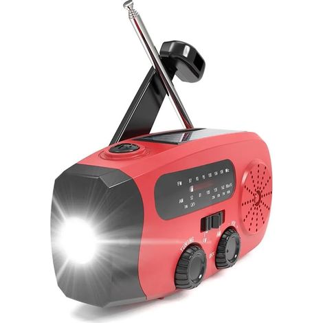 Radio solaire à remontage manuel, radio d'urgence portable. Batterie externe rechargeable 2000 mAh, alarme SOS, chargeur de téléphone USB. Idéale pour le camping et la randonnée en cas d'urgence (roug (1/5)