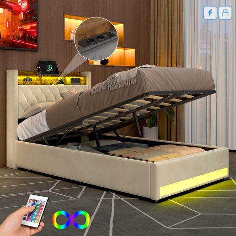 Letto contenitore per adulti 140x190 cm, letto matrimoniale imbottito, rete a doghe, velluto beige - LED, materasso non incluso (1/5)