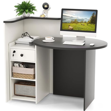 COSTWAY Banco Reception a Forma di L, Bancone per Cassa con Ripiano Regolabile e Cassetto Bloccabile, Piano Ovale, per Negozio, Salone e Ufficio, 120 x 55 x 100 cm (1/5)