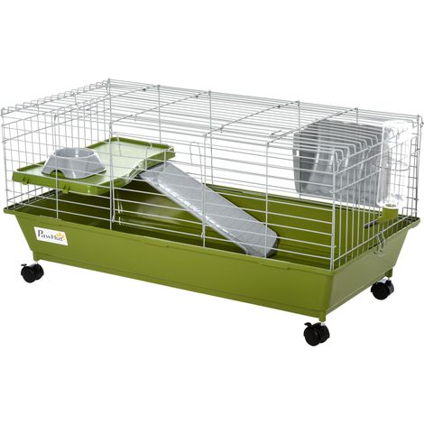 Small Animal Cage Rabbit Guinea Pigs Chinchillas Cage w/ Wheels Water Bottle Food Dish Platm Ramp 89 x 44 x 43 cm Green (1/5)