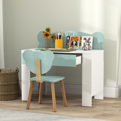 Bureau enfant avec chaise, table et chaise enfant avec tiroir et grand plateau, 80 x 41 x 74,5 cm, vert (1/5)