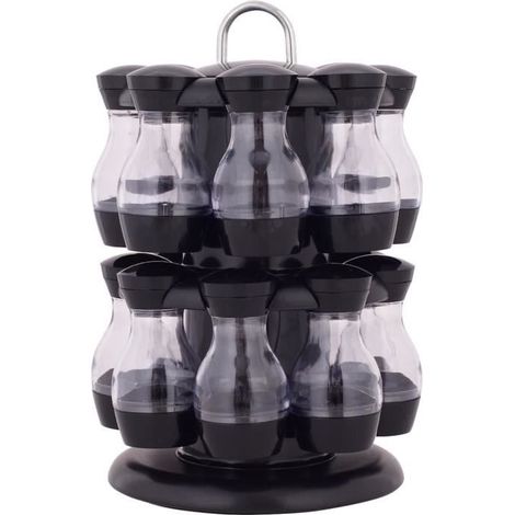DREAMADE Support Carrousel avec 16 Pots à Epice, 2 Etages Rotatif et Anse, Rangement de Condiment pour Cuisine, Noir (1/4)