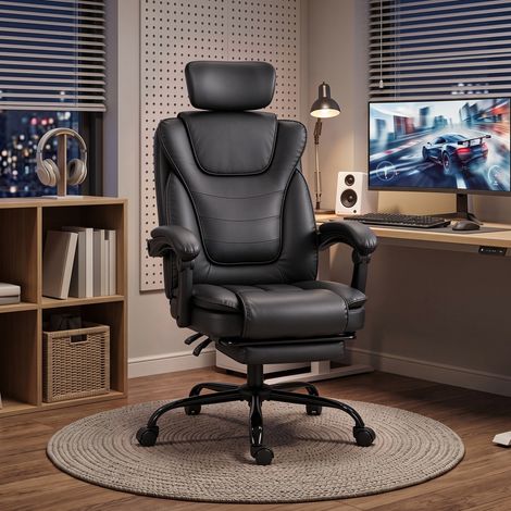 Chaise Gaming Ergonomique, Fauteuil Gaming Inclinable en Cuir Synthétique, Hauteur Réglable, Appui-Tête 2D, Noir (1/5)