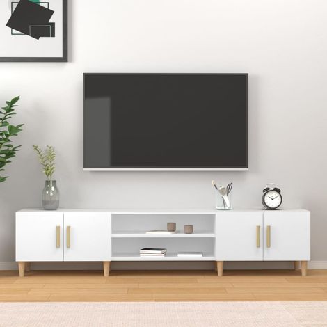 Vidaxl – Meuble TV blanc 180x31,5x40 cm en bois d'ingénierie – 4 compartiments de rangement – Pieds en bois pour stabilité