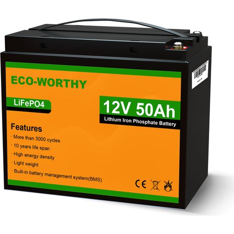 ECO-WORTHY 50Ah 12V Lithium Battery Emergency Power Backup Rechargeable LiFePO4 Lithium Iron Phosphate with 3000+ Deep Cycles and BMS Protection, Perfect forRV, Boat, Marine, Solar Panel System