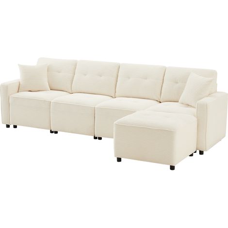 CAIziCanapé droit 4 places en velours côtelé beige avec rangement et pouf (1/5)