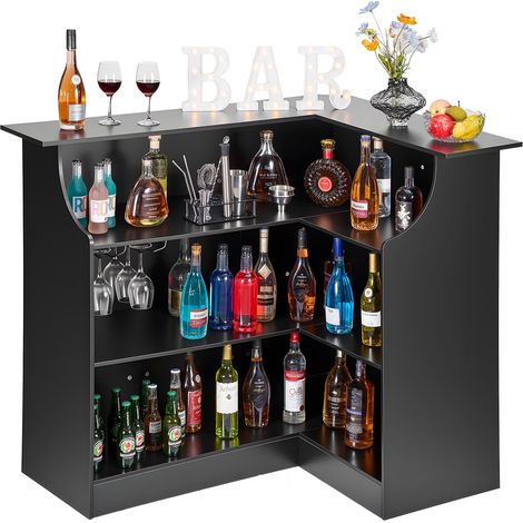 Meuble Bar d'Angle, Bar de Salon 4 Niveaux, pour Bouteilles Verres Cuisine Maison Pub, Buffet Ouvert avec Étagères de Rangement, Armoire à Vin en Bois, Capacité Maximale de 136,1 kg, Noir (1/5)