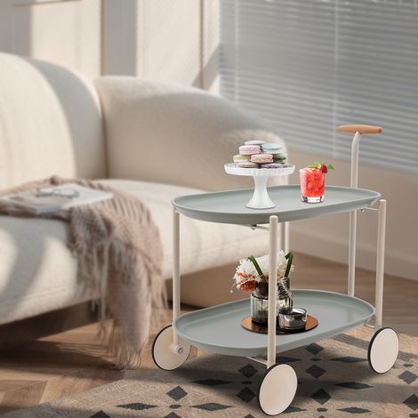 Chariot à roulettes avec poignée, petit chariot de rangement à deux niveaux pour bar, chariot à boissons, table d'appoint mobile pour canapé avec plateaux, pour la maison, vert (1/5)