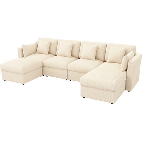 Divano angolare modulare a U in ciniglia beige HOMVRA, 6 posti, braccioli regolabili e pouf (1/4)