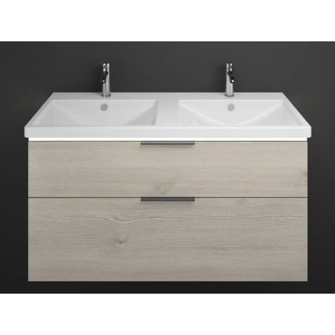 Burgbad Eqio Keramik-Doppelwaschtisch mit Unterschrank 123 cm, mit Mittelsteg, LED-Beleuchtung und 2 Eiche Dekor Flanelle/Alpinweiss Schwarz matt (1/3)