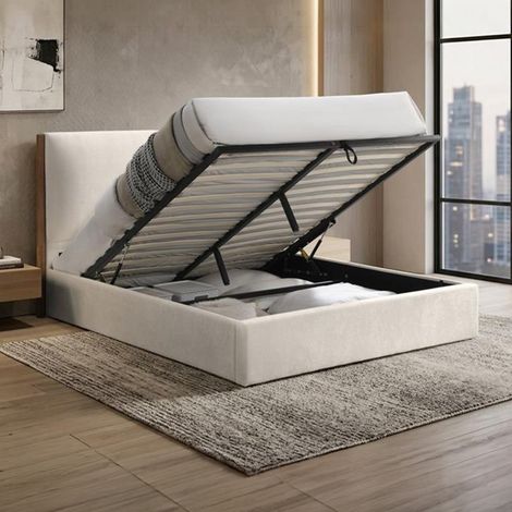 JUNA Lit double en tissu beige et bois avec coffre 140x190 cm (1/5)