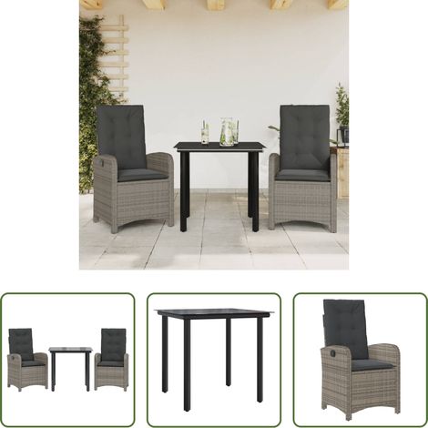 vidaXL Gartenessgruppe - 3-tlg. Garten-Essgruppe mit Kissen Grau Poly Rattan (1/5)