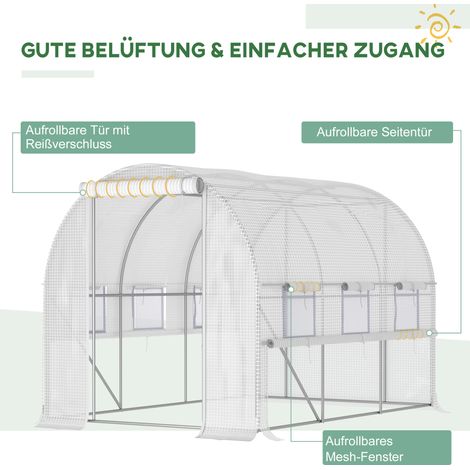 Serre de jardin en aluminium blanc 2,95x2x2m, 6 fenêtres enroulables, porte zippée, structure acier inoxydable (1/4)