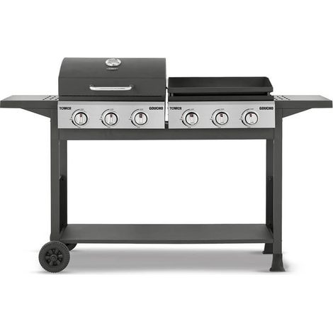 Tower Goucho T978544 6 Burner Gas BBQ and Plancha with Precision Heat Thermometer and Waterproof Cover, Black (1/5)
