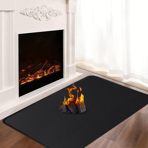Feuerfeste Unterlage für Kaminofen, 90 x 60 cm, 1mm stark, Schwarz 1832°F Funkenschutzplatte, glasfaserkern ofenblech kamin, feuerfeste matte kamin, boden und teppichschutz, leicht zu reinigen (1/5)