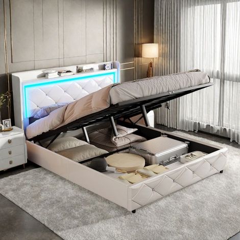 Doppelbett 160x200 cm mit Lattenrost, USB-Port und LED, Stauraum, gepolstertes Doppelbett aus weißem PU, knopfverzierte Dekoration