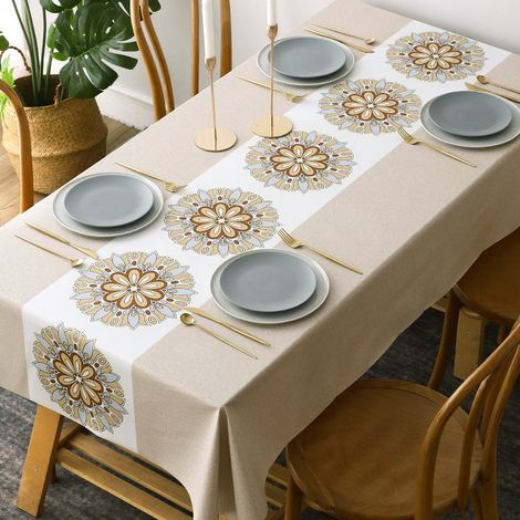 Nappe Rectangulaire 140x180 Nappe Bâche Anti-taches Nappe Toile cirée Vintage Floral PVC Nappe Enduite Lavable Table à Manger Cuisine Jardin Beige 1pc